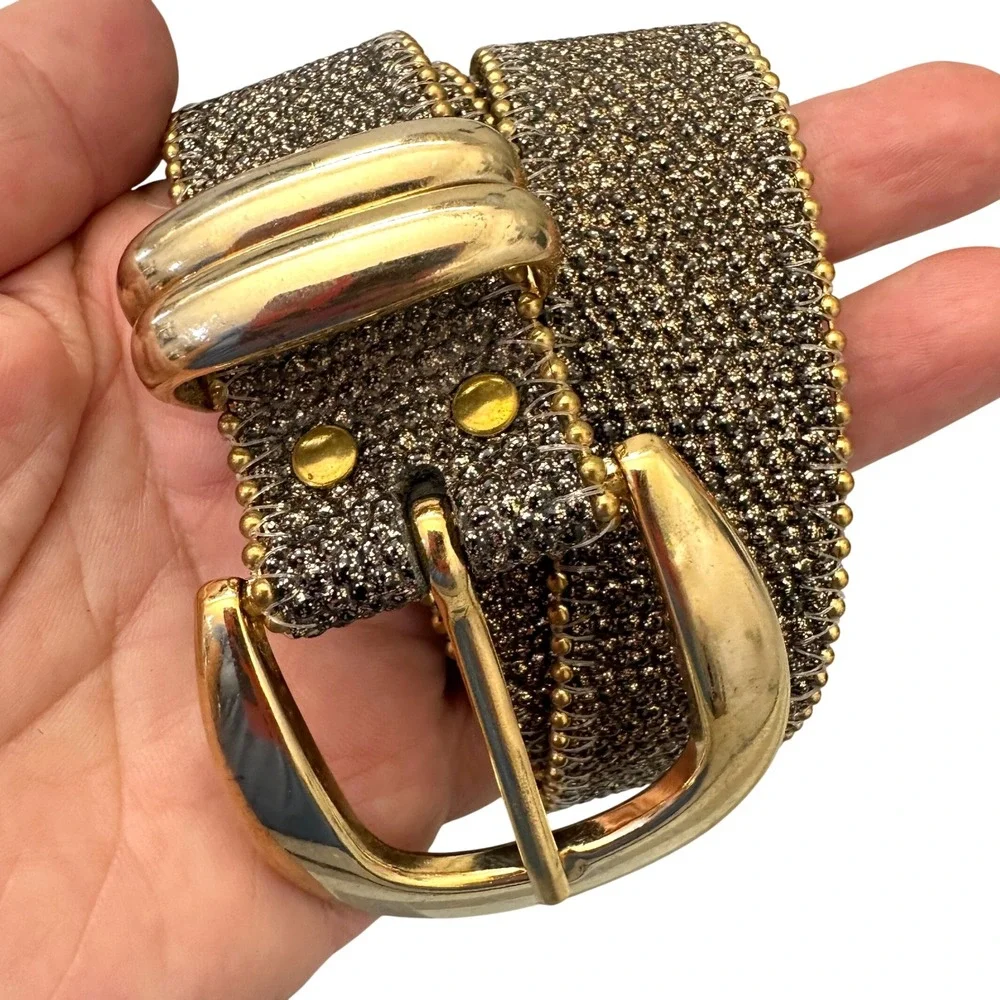 Vintage 80s Beaded Belt M Gold Bronze Metallic Leather Glam Maximalist